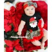 Xmas Black Baby Bodysuit Leopard Red Pettiskirt & Leopard Santa Claus Print & Red Headband Leopard Satin Bow JS3990